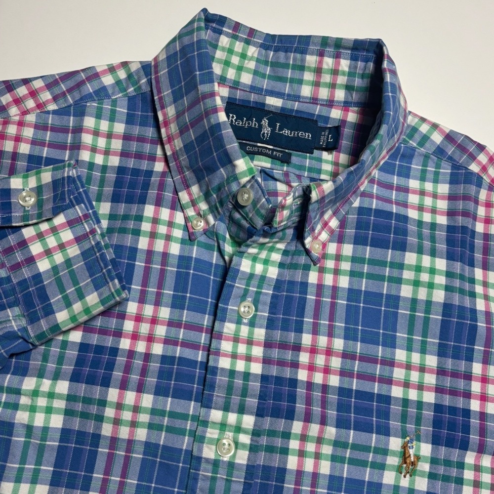 Ralph‎ Lauren Custom Fit Plaid Oxford Shirt Mens L Button Down Blue Green Pink
